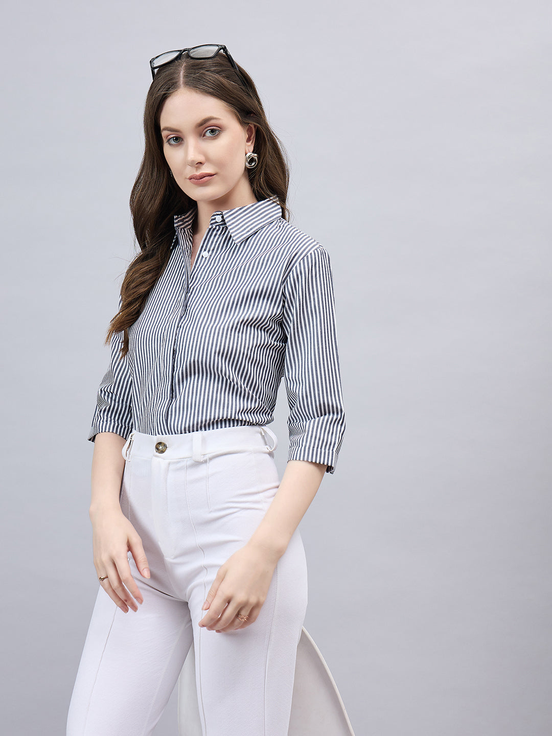 Style Quotient Women Black And White Stripe Polycotton Regular Fit Formal Shirt-Shirts-StyleQuotient