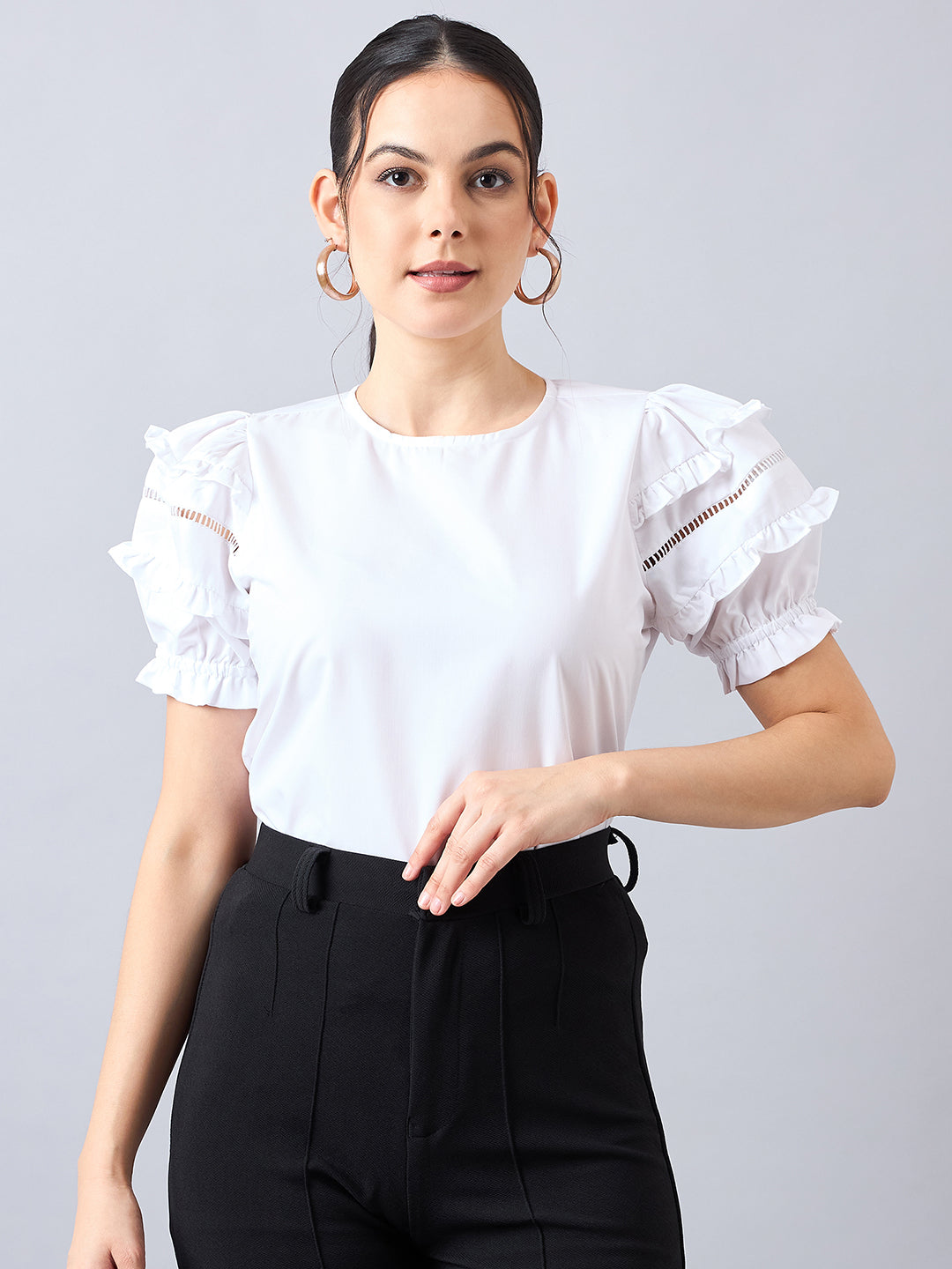 Style Quotient Women Solid White PolyCotton Regular Fit Smart Casual Top-Tops-StyleQuotient