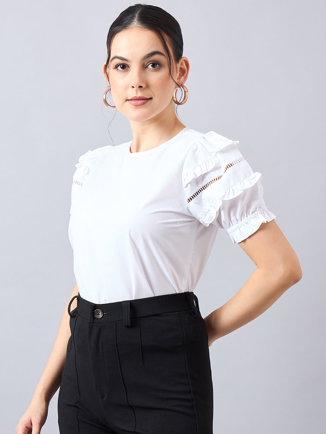 Style Quotient Women Solid White PolyCotton Regular Fit Smart Casual Top-Tops-StyleQuotient