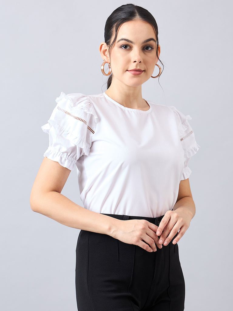 Style Quotient Women Solid White PolyCotton Regular Fit Smart Casual Top-Tops-StyleQuotient