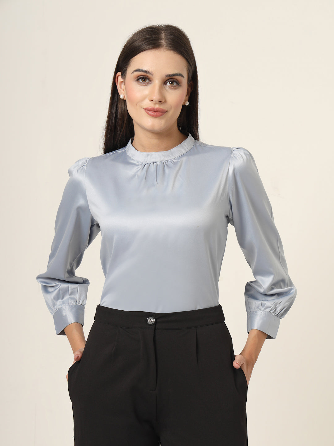 Style Quotient Women Solid Powder Blue Satin Regular Party Top-Tops-StyleQuotient