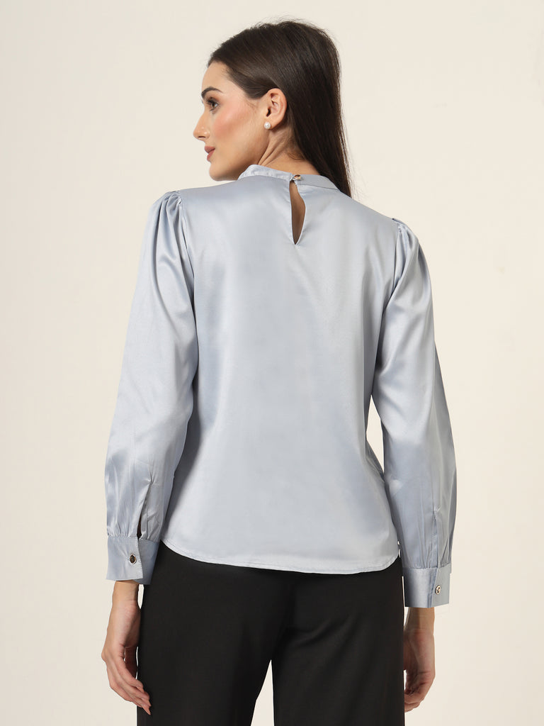 Style Quotient Women Solid Powder Blue Satin Regular Party Top-Tops-StyleQuotient