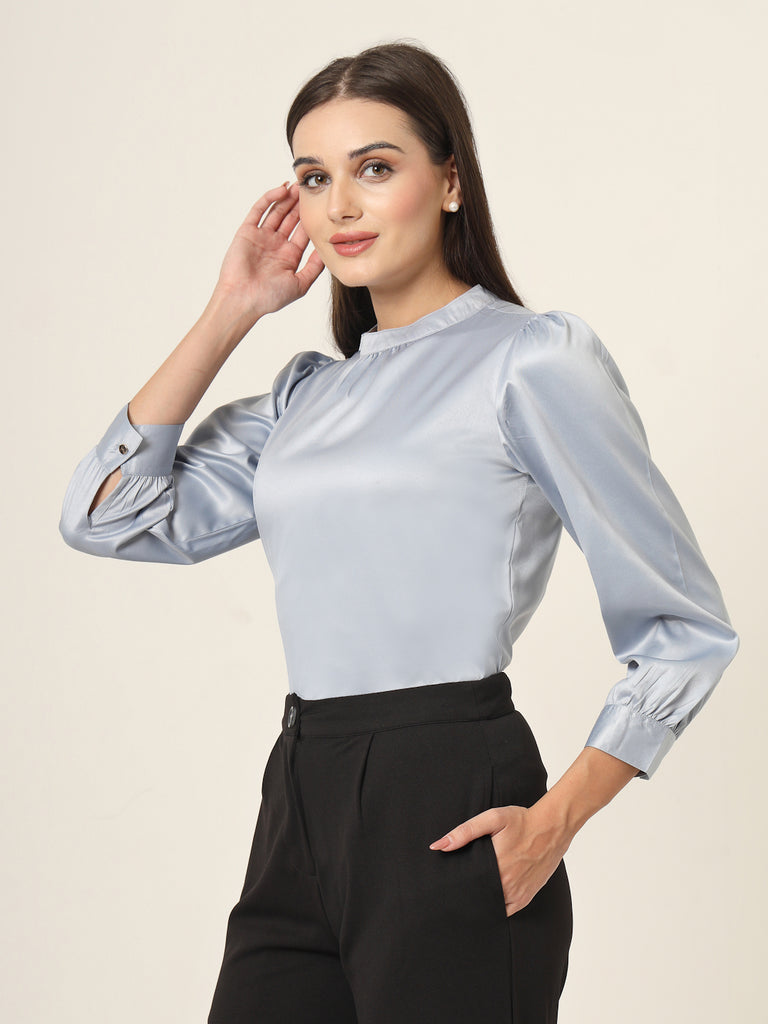 Style Quotient Women Solid Powder Blue Satin Regular Party Top-Tops-StyleQuotient