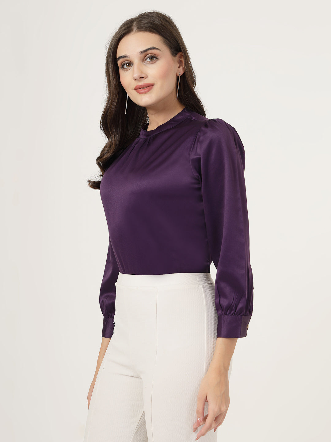 Style Quotient Women Solid Lavender Satin Regular Party Top-Tops-StyleQuotient