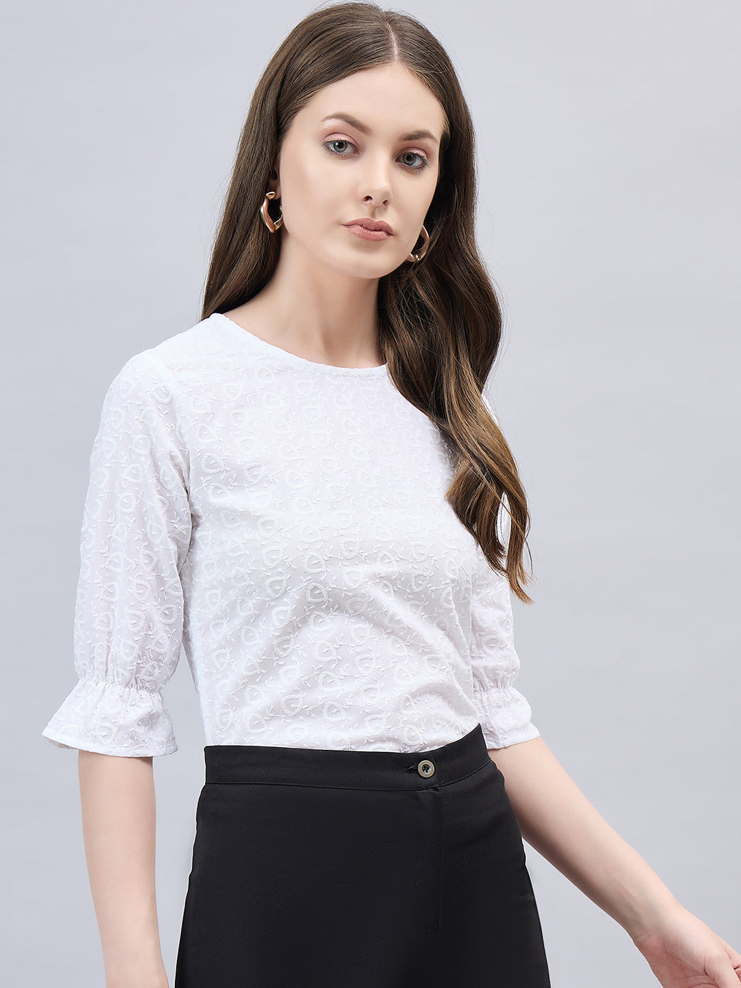 Style Quotient Women Self Design Schiffli White Polycotton Regular Fit Semi Formal Top-Tops-StyleQuotient