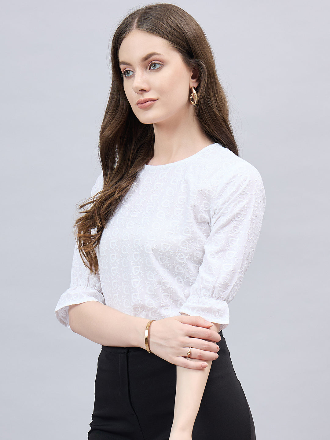 Style Quotient Women Self Design Schiffli White Polycotton Regular Fit Semi Formal Top-Tops-StyleQuotient