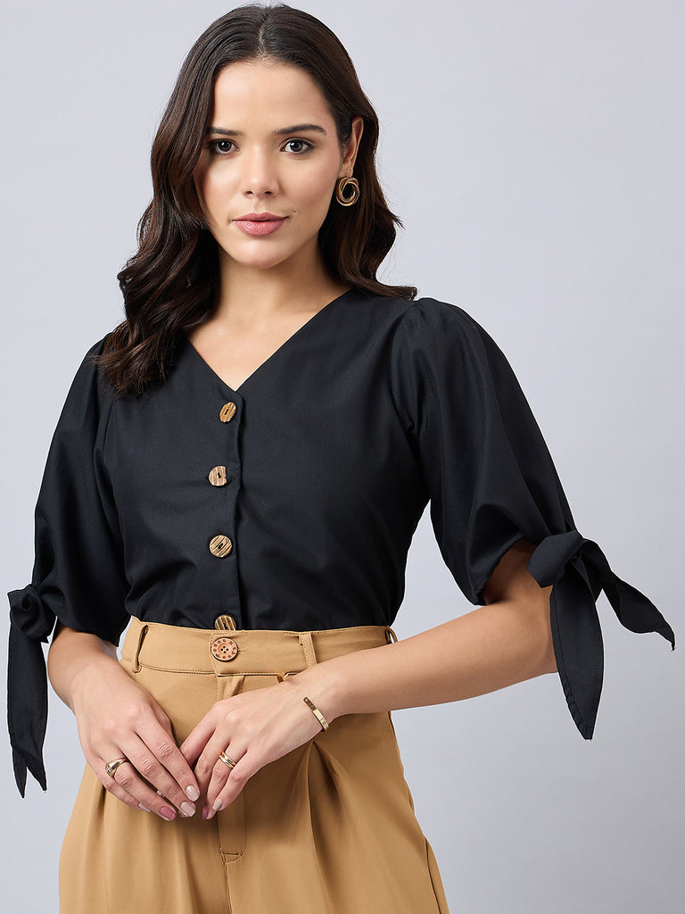 Style Quotient Women Solid Black Polycotton Regular Fit Formal Tie-up Sleeve Shirt-Shirts-StyleQuotient