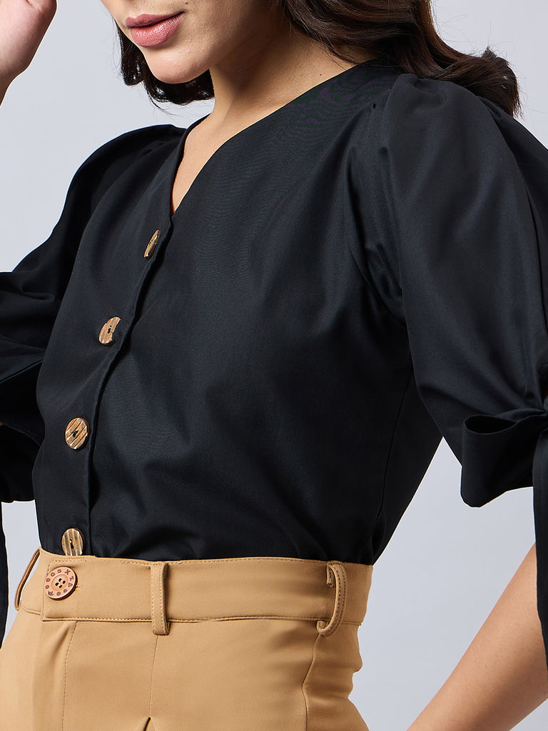 Style Quotient Women Solid Black Polycotton Regular Fit Formal Tie-up Sleeve Shirt-Shirts-StyleQuotient