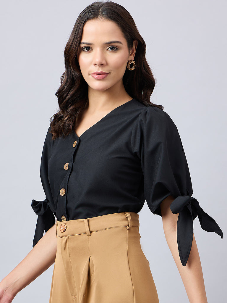 Style Quotient Women Solid Black Polycotton Regular Fit Formal Tie-up Sleeve Shirt-Shirts-StyleQuotient