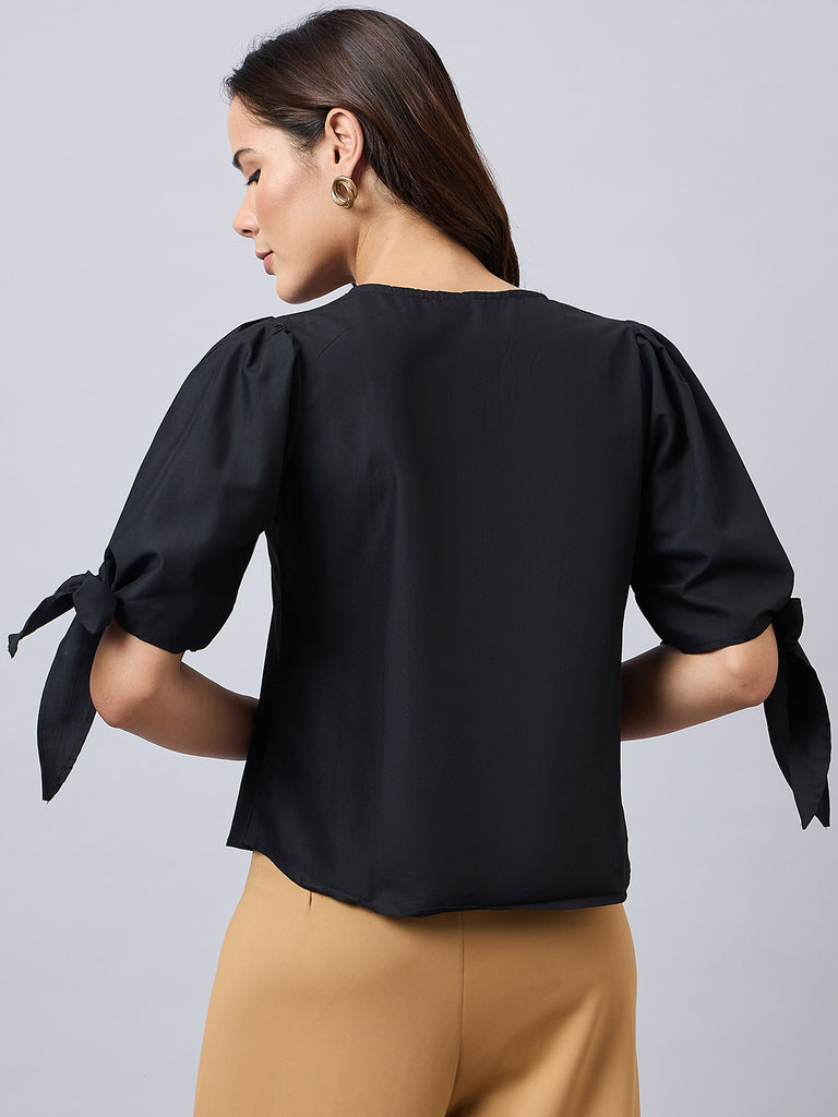 Style Quotient Women Solid Black Polycotton Regular Fit Formal Tie-up Sleeve Shirt-Shirts-StyleQuotient