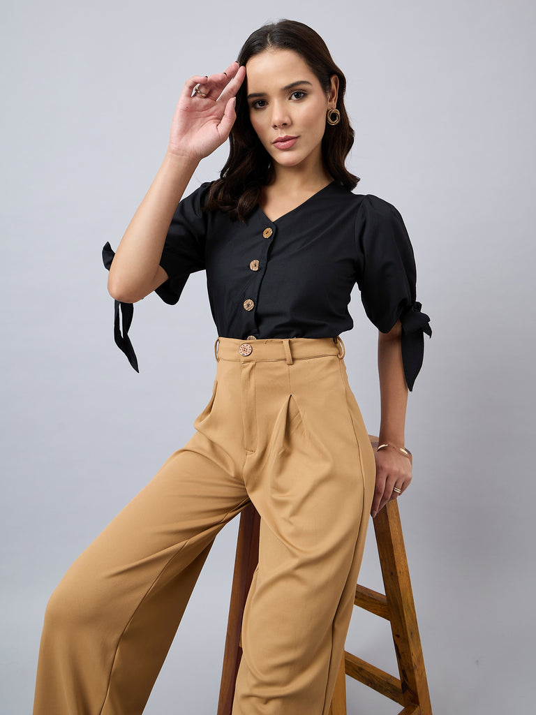 Style Quotient Women Solid Black Polycotton Regular Fit Formal Tie-up Sleeve Shirt-Shirts-StyleQuotient