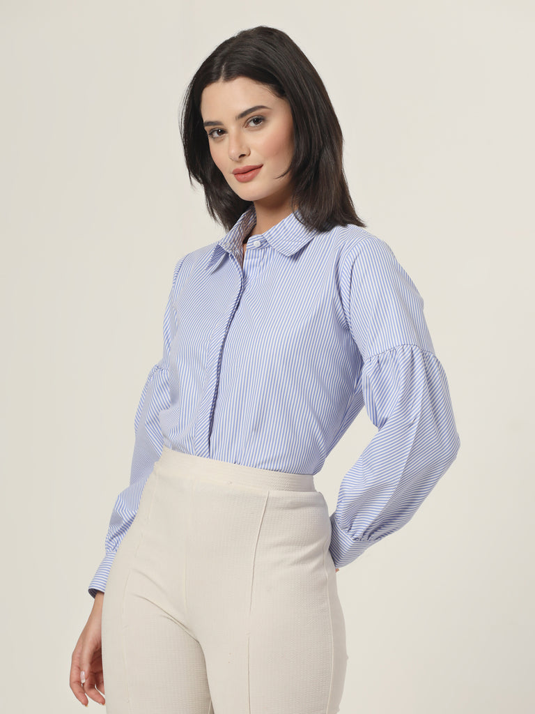 Style Quotient Women Blue And White Stripe Polycotton Regular Fit Formal Shirt-Shirts-StyleQuotient