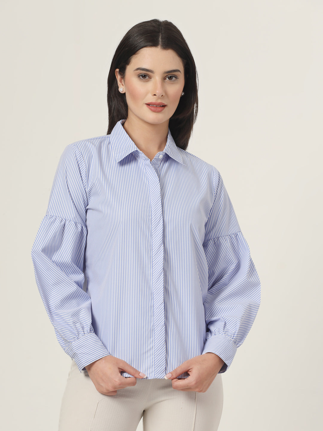 Style Quotient Women Blue And White Stripe Polycotton Regular Fit Formal Shirt-Shirts-StyleQuotient