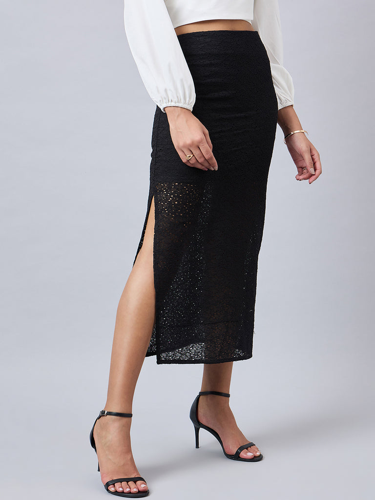 Style Quotient Women Self Design Black Cotton Lace Regular Fit Smart Casual Pencil Skirt-Skirts-StyleQuotient