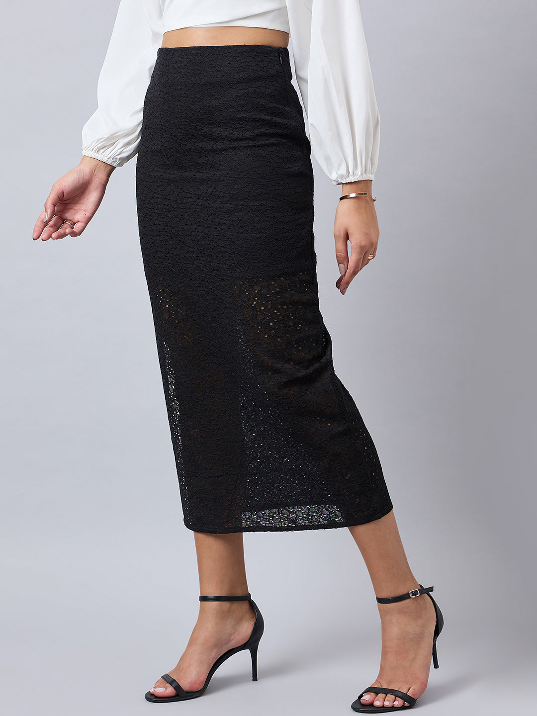 Style Quotient Women Self Design Black Cotton Lace Regular Fit Smart Casual Pencil Skirt-Skirts-StyleQuotient