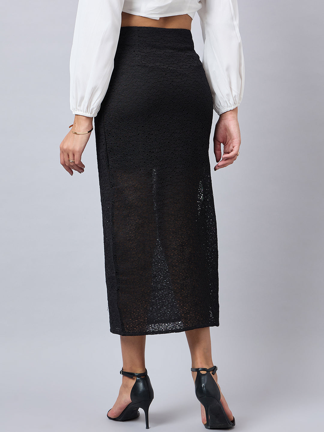 Style Quotient Women Self Design Black Cotton Lace Regular Fit Smart Casual Pencil Skirt-Skirts-StyleQuotient