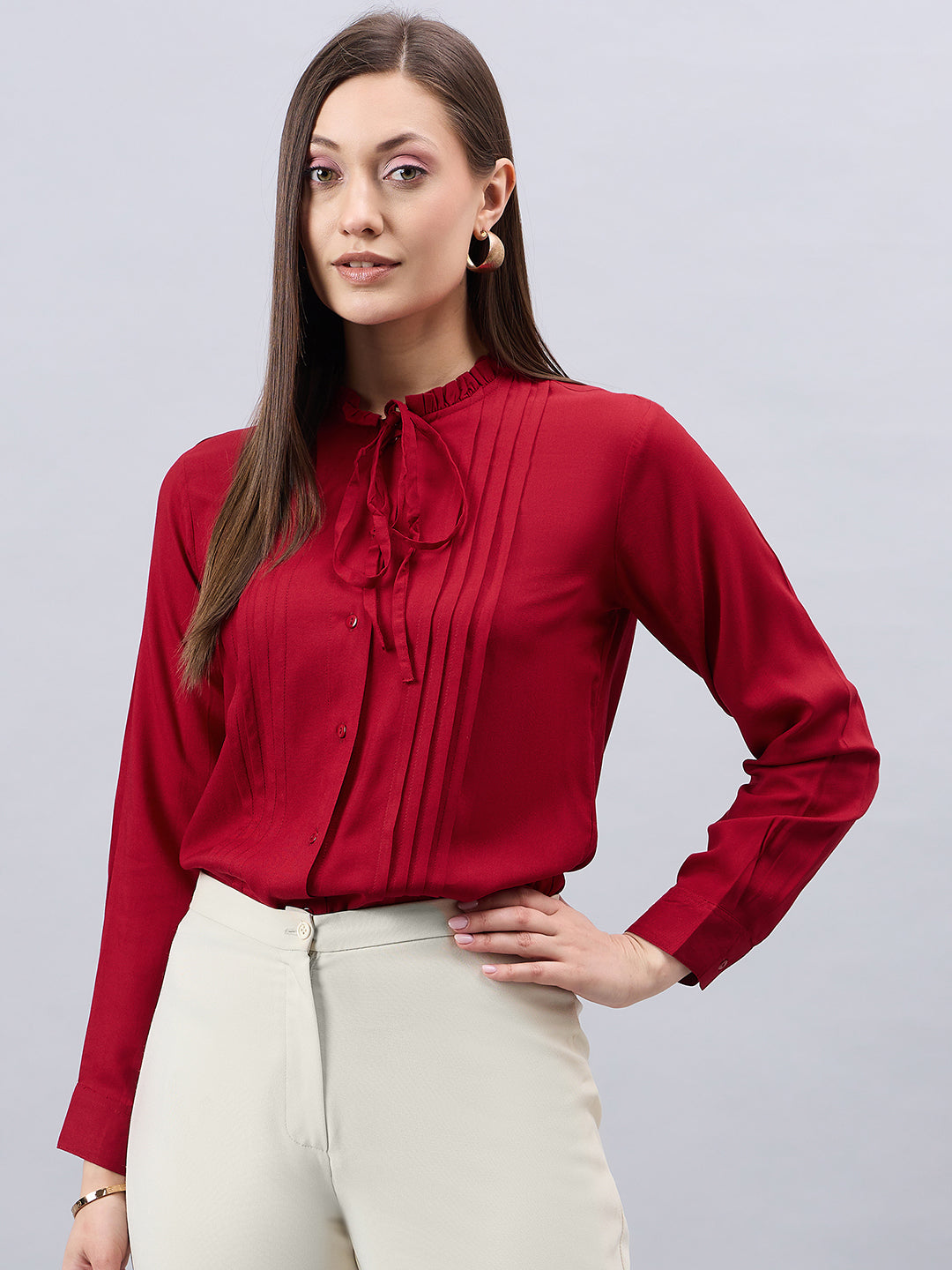 Style Quotient Women Solid Maroon Rayon Regular Fit Formal Shirt-Shirts-StyleQuotient