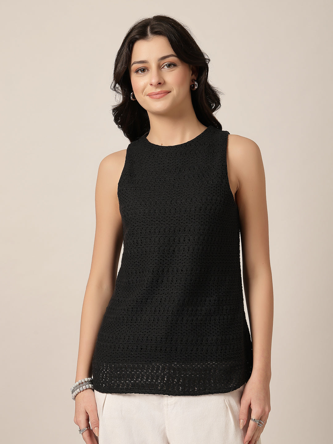 Style Quotient Women Black Solid Self Design Top-Tops-StyleQuotient