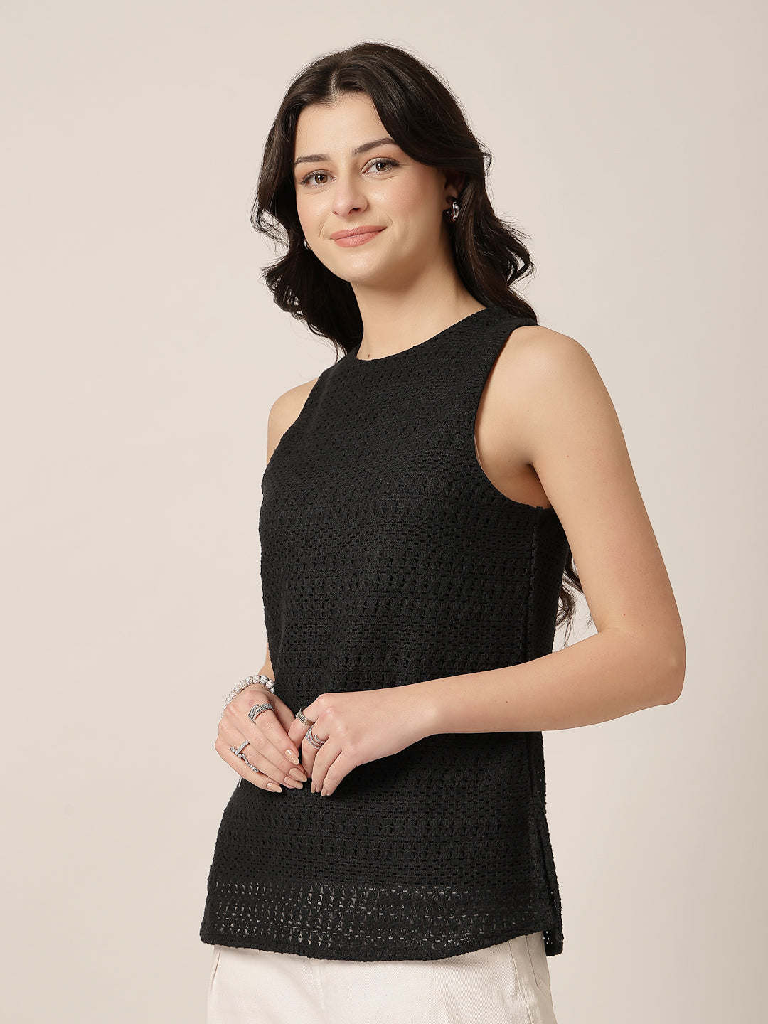 Style Quotient Women Black Solid Self Design Top-Tops-StyleQuotient