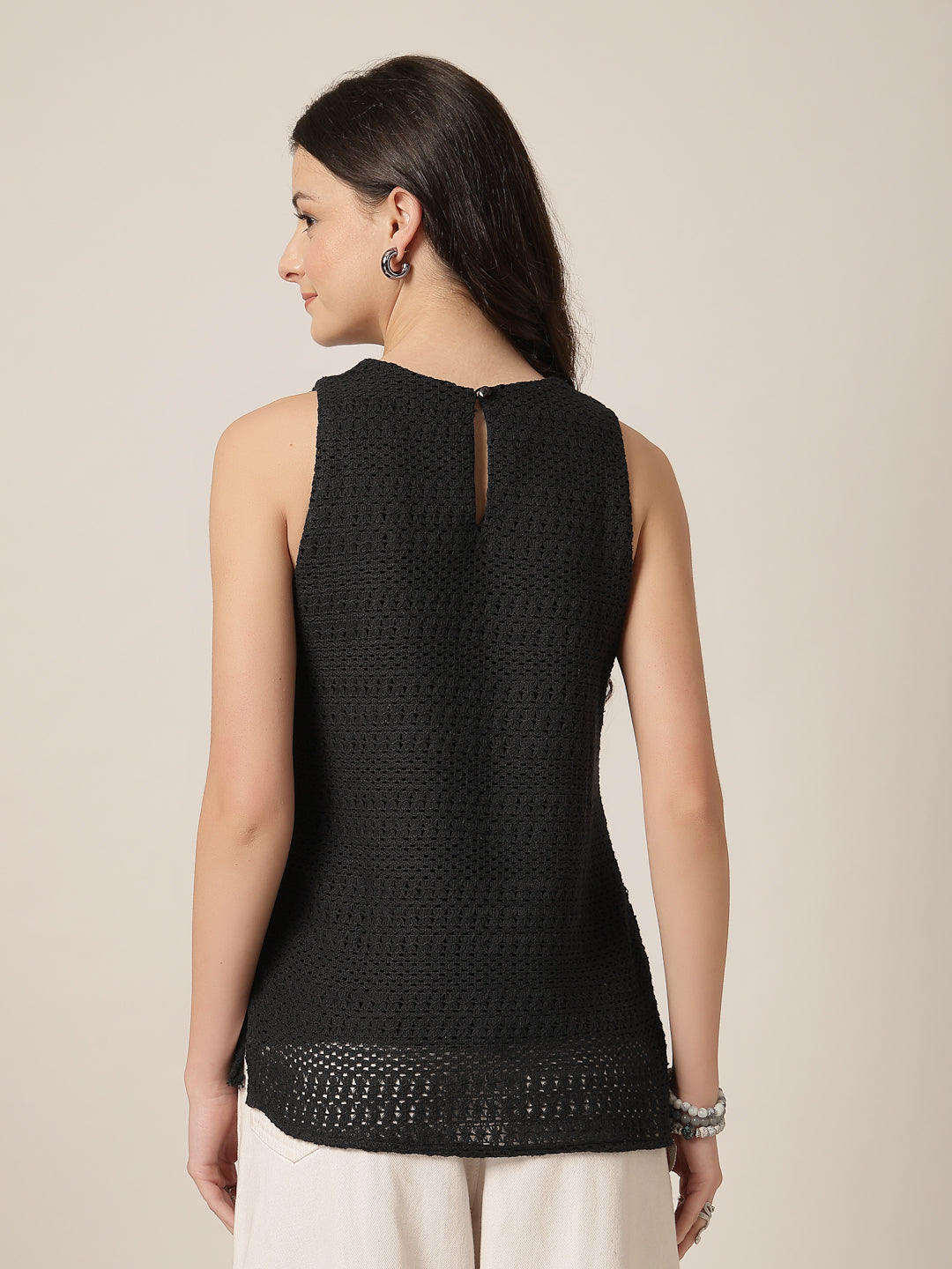 Style Quotient Women Black Solid Self Design Top-Tops-StyleQuotient