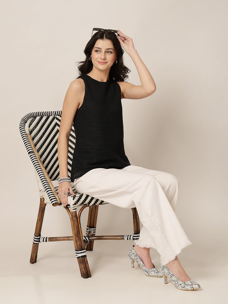 Style Quotient Women Black Solid Self Design Top-Tops-StyleQuotient