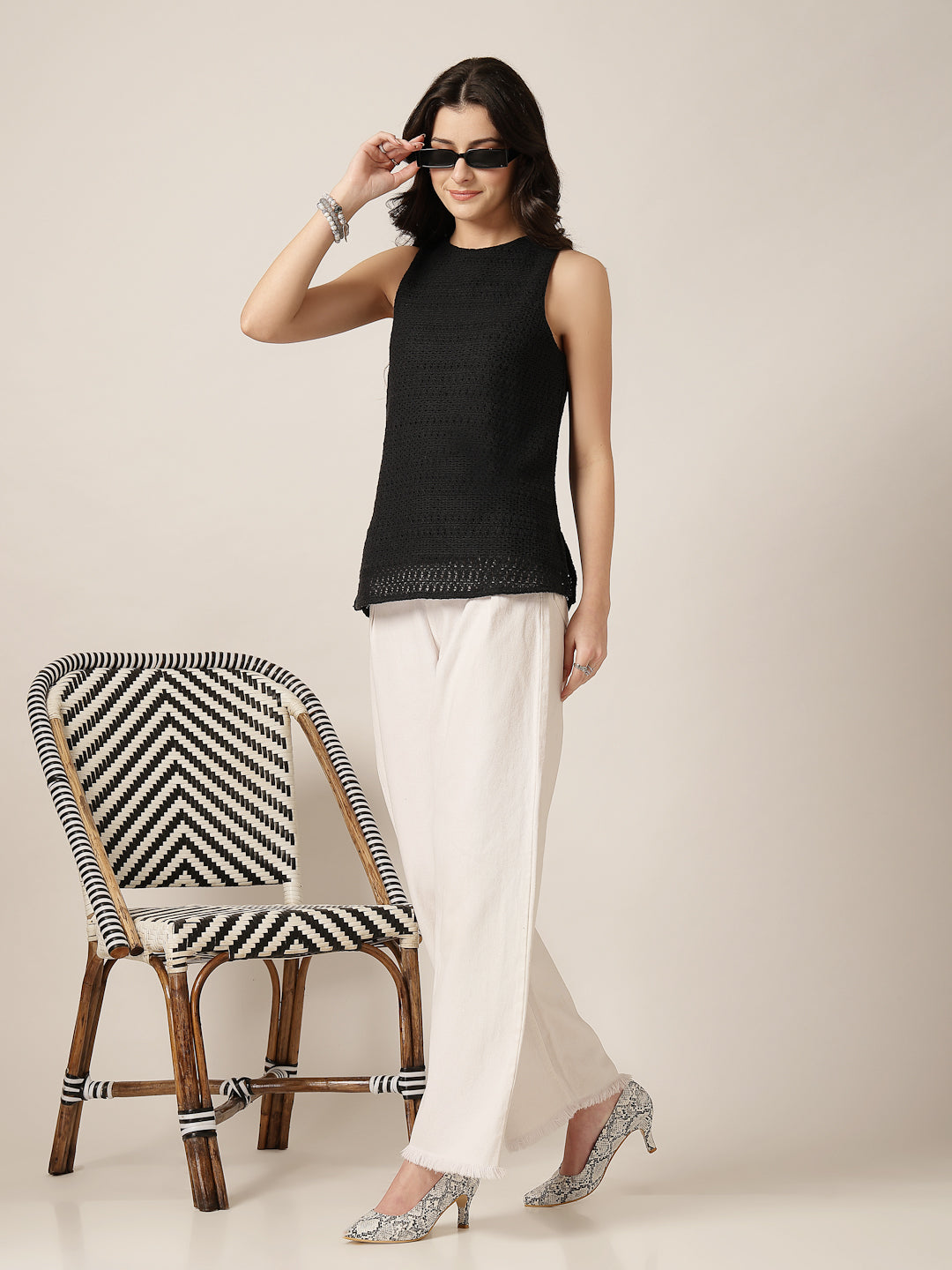 Style Quotient Women Black Solid Self Design Top-Tops-StyleQuotient