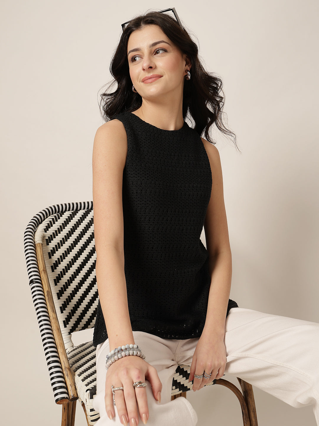 Style Quotient Women Black Solid Self Design Top-Tops-StyleQuotient