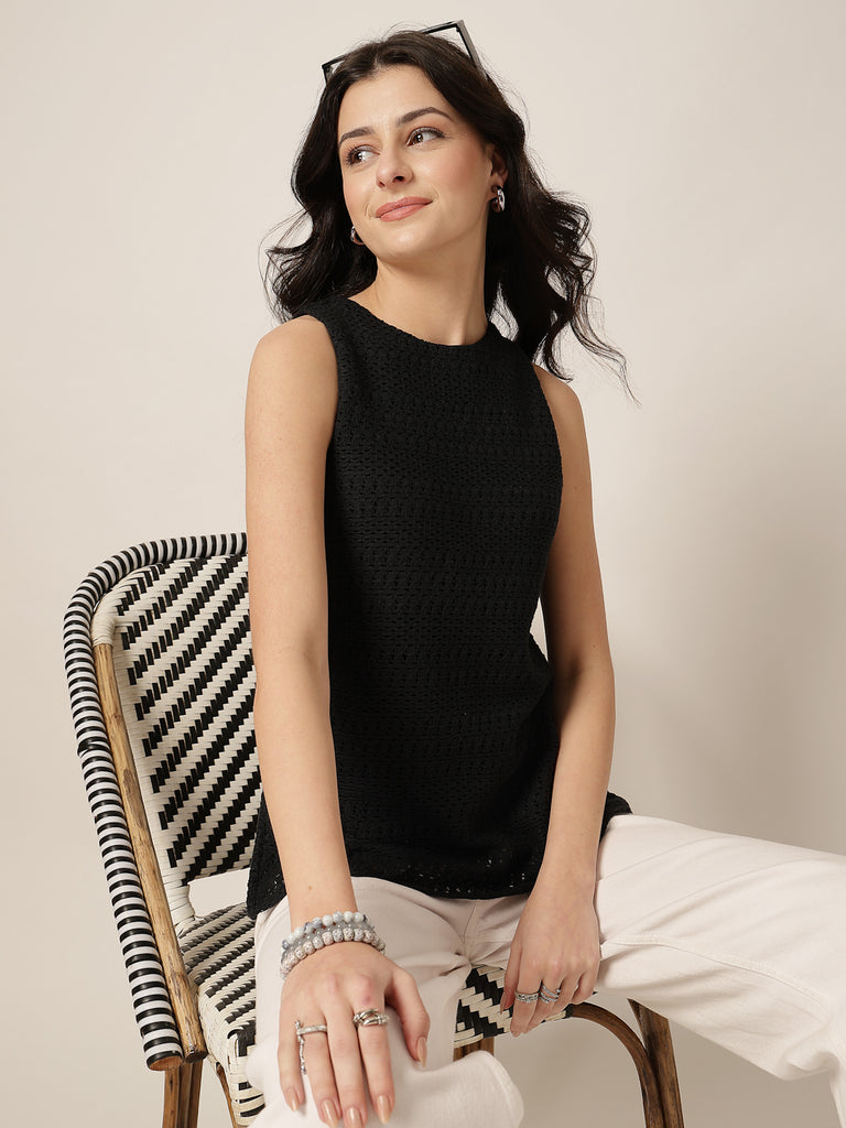 Style Quotient Women Black Solid Self Design Top-Tops-StyleQuotient
