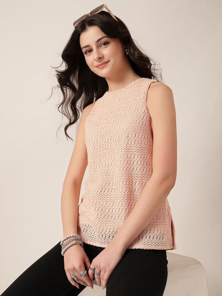 Style Quotient Women Peach Solid Self Design Top-Tops-StyleQuotient
