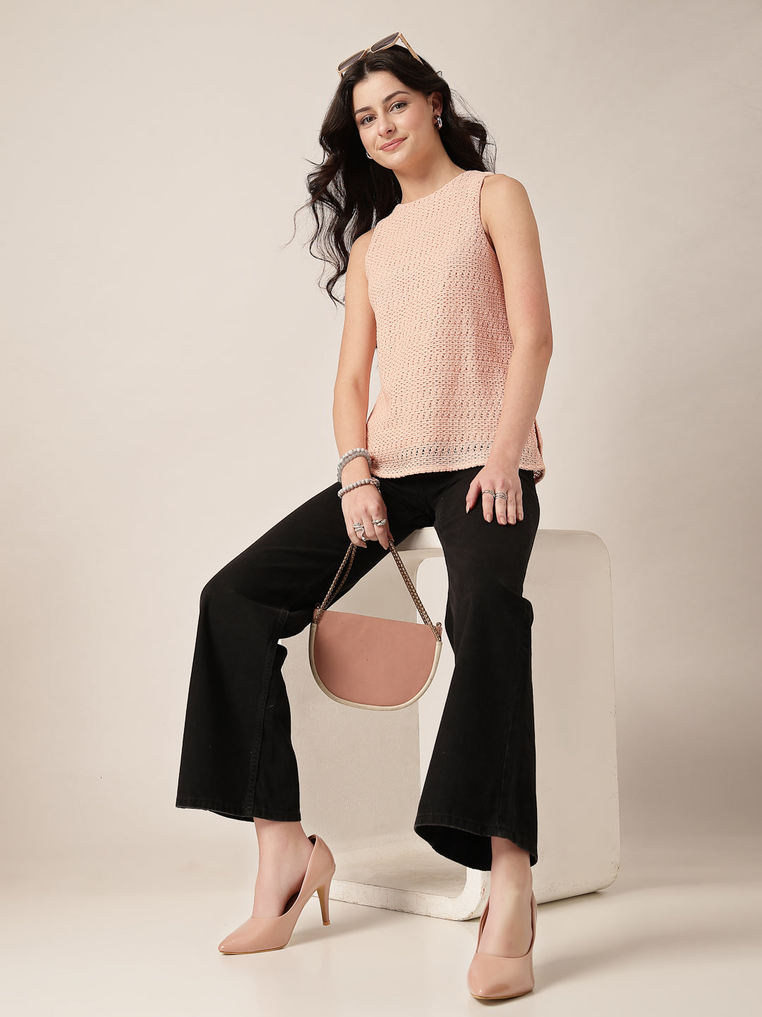 Style Quotient Women Peach Solid Self Design Top-Tops-StyleQuotient