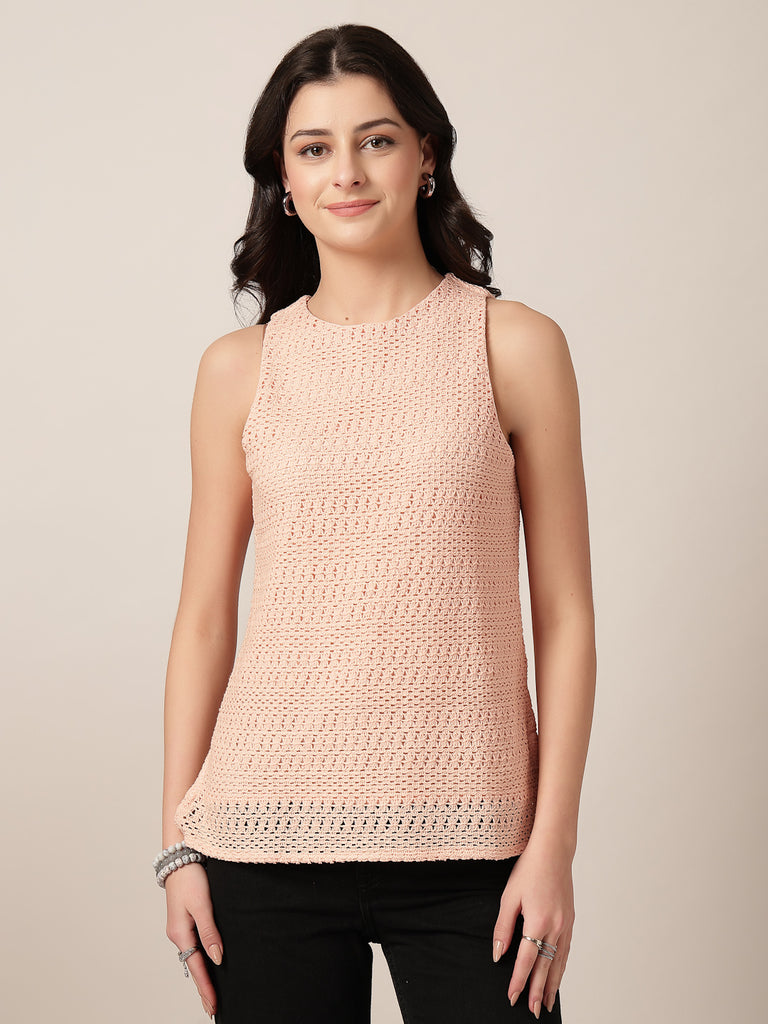 Style Quotient Women Peach Solid Self Design Top-Tops-StyleQuotient