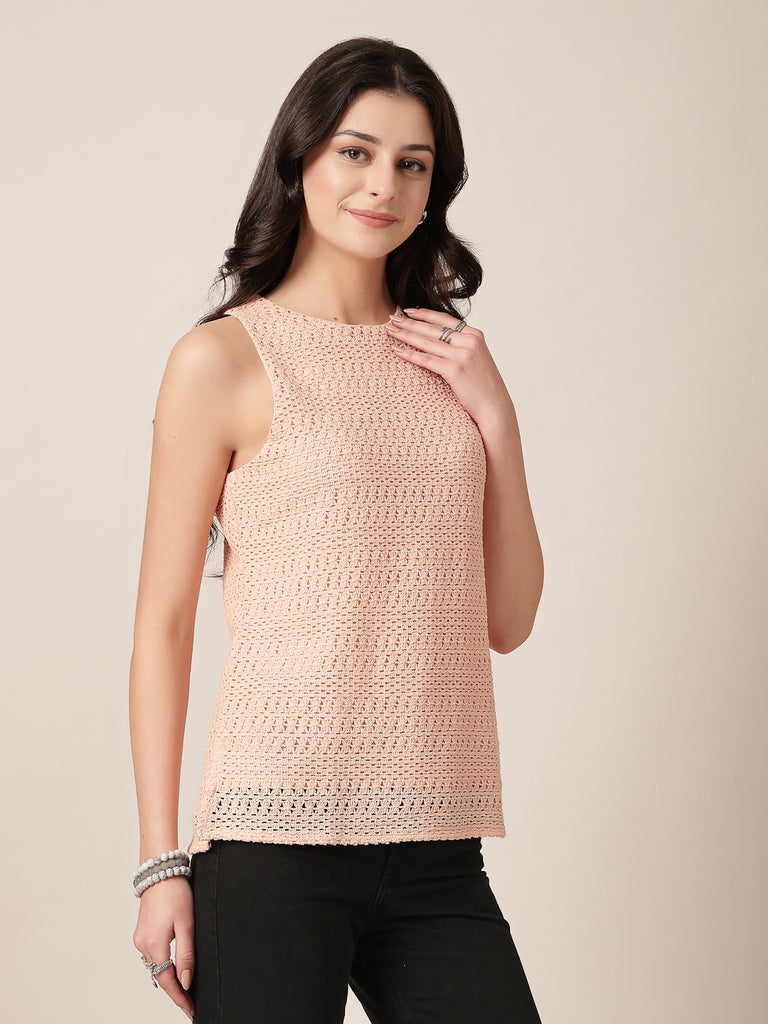 Style Quotient Women Peach Solid Self Design Top-Tops-StyleQuotient