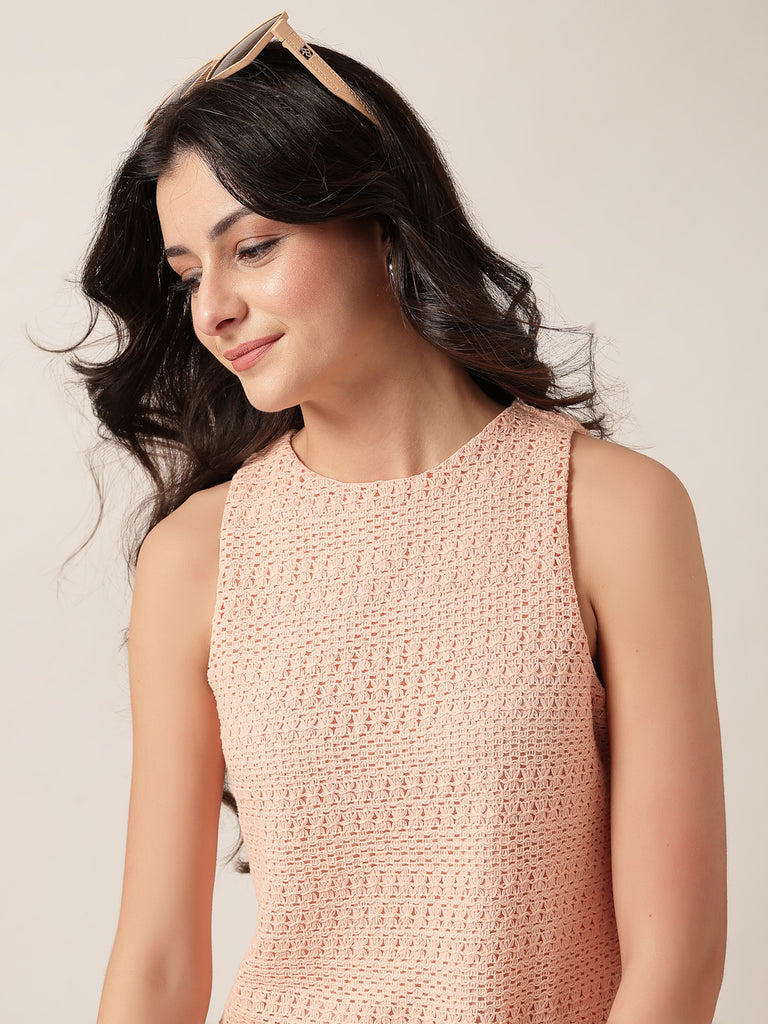 Style Quotient Women Peach Solid Self Design Top-Tops-StyleQuotient