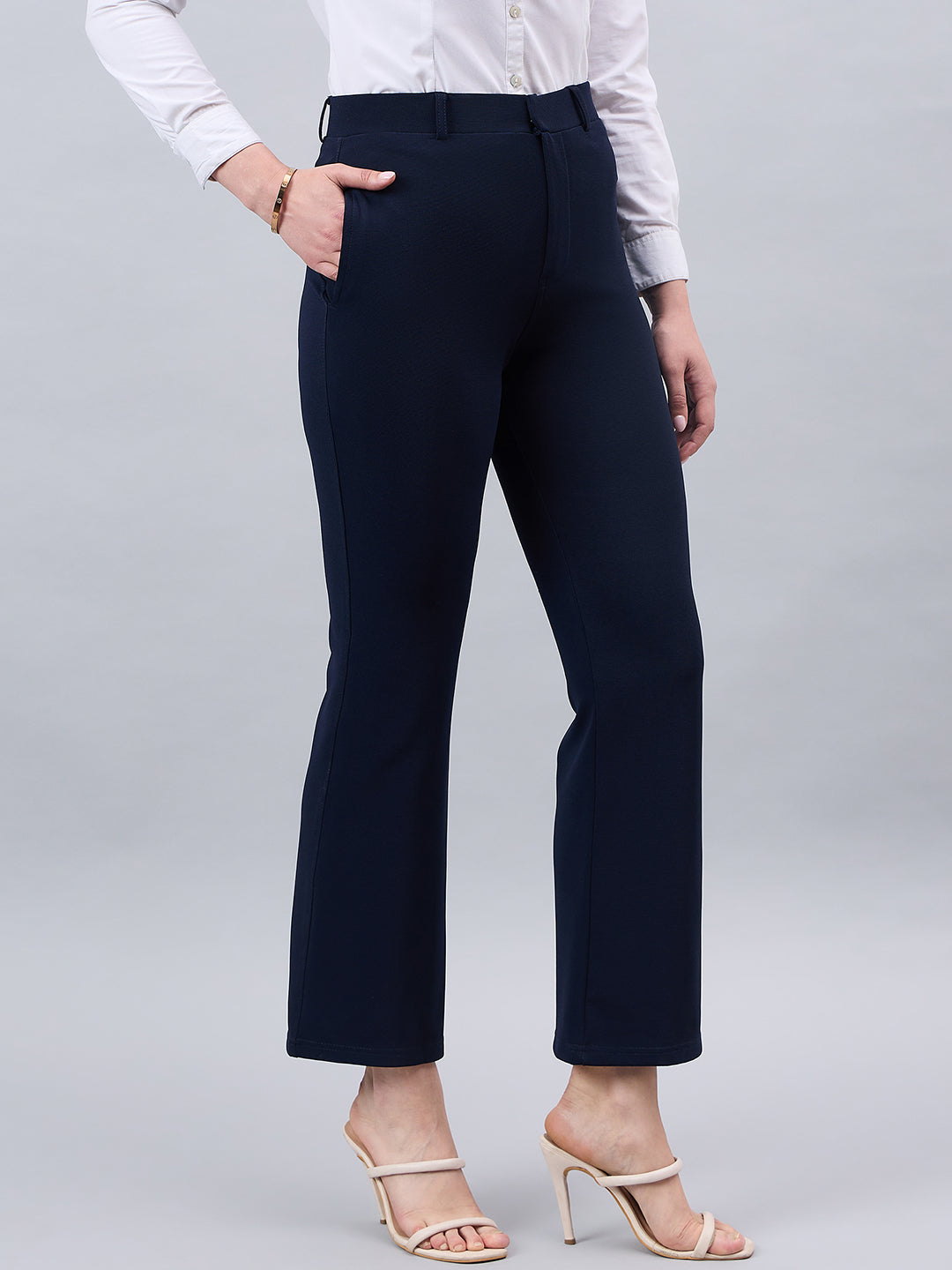 Style Quotient Women Solid Navy Self Design Polyester Formal Trouser-Trousers-StyleQuotient