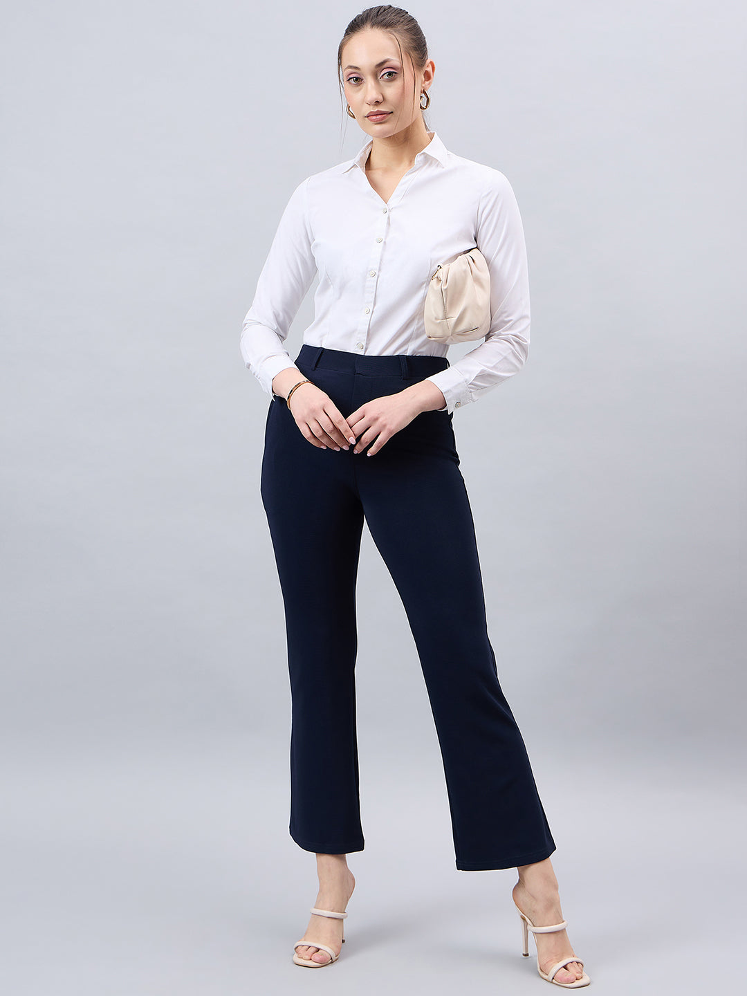 Style Quotient Women Solid Navy Self Design Polyester Formal Trouser-Trousers-StyleQuotient