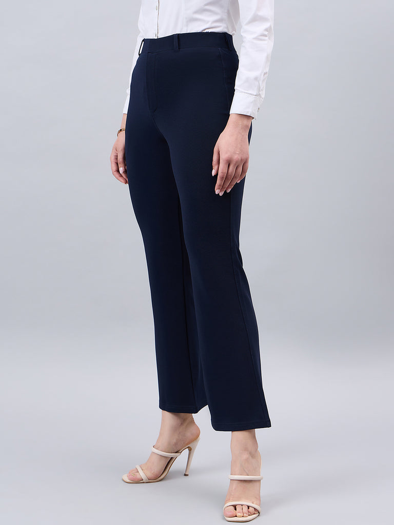 Style Quotient Women Solid Navy Self Design Polyester Formal Trouser-Trousers-StyleQuotient