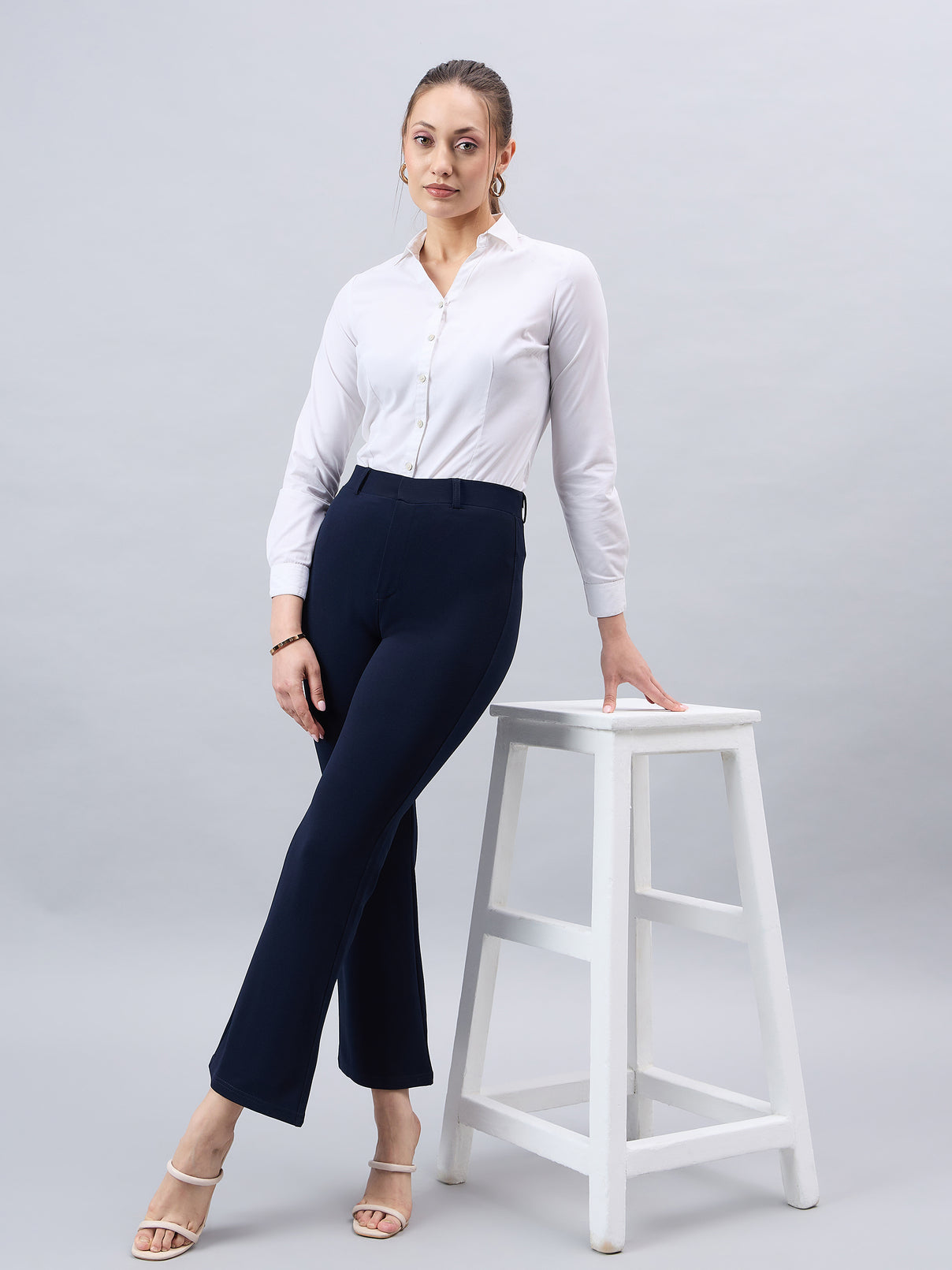 Style Quotient Women Solid Navy Self Design Polyester Formal Trouser-Trousers-StyleQuotient