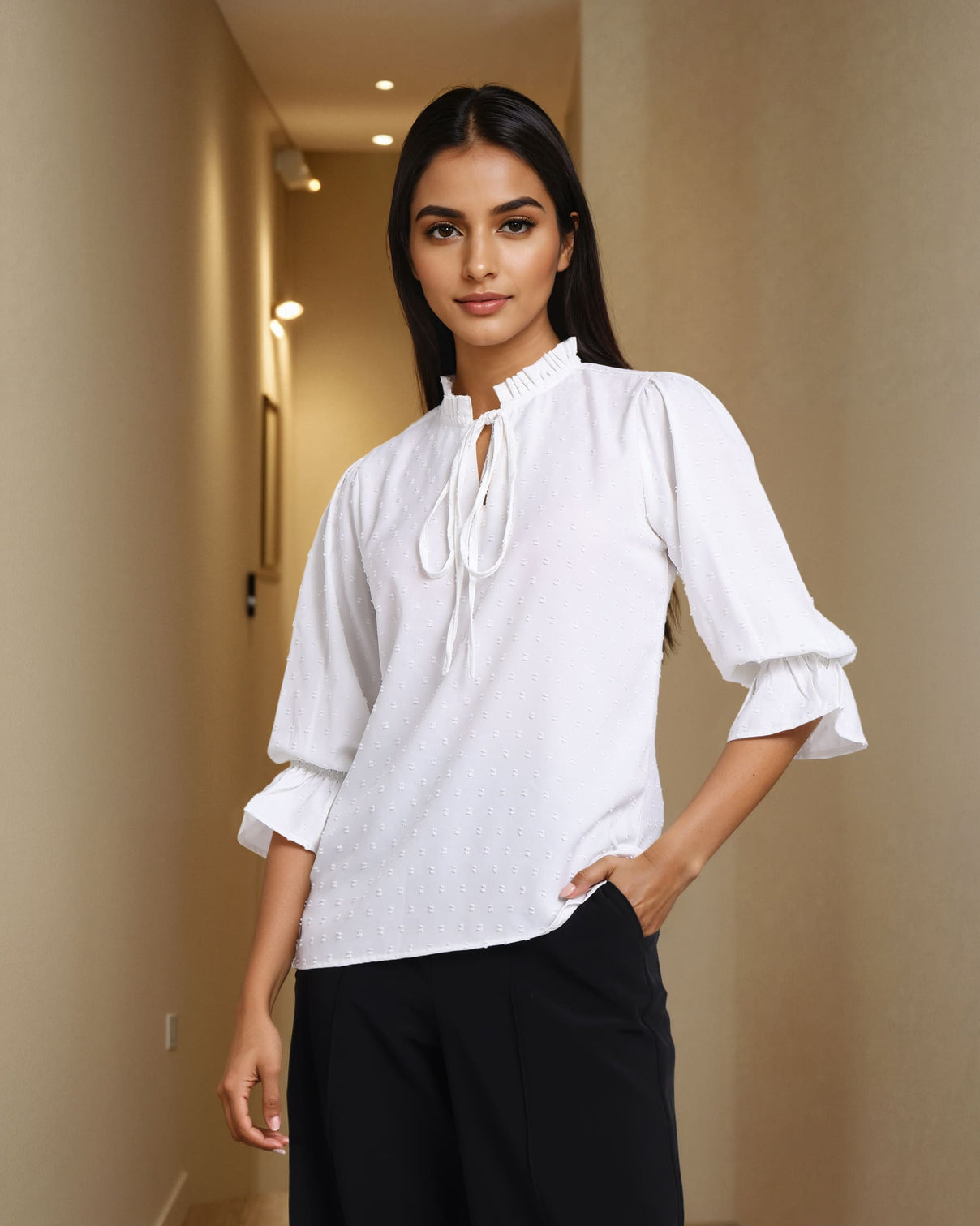 Style Quotient Women Self Design White Swiss Dot Regular Fit Smart Casual Top-Tops-StyleQuotient