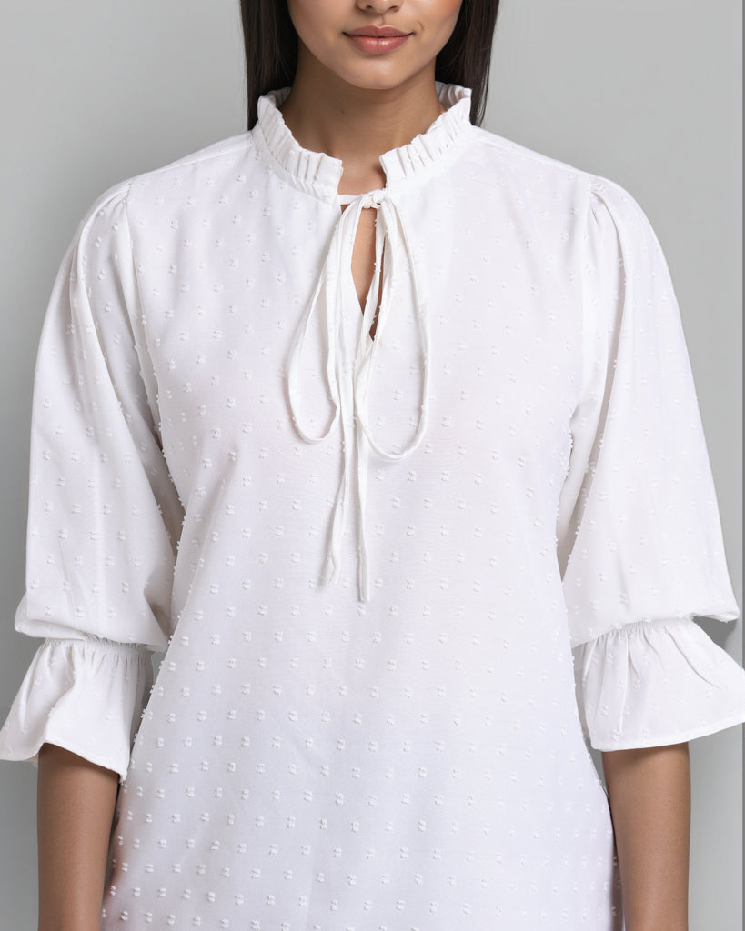 Style Quotient Women Self Design White Swiss Dot Regular Fit Smart Casual Top-Tops-StyleQuotient