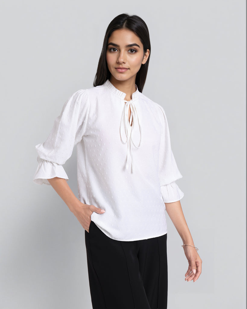Style Quotient Women Self Design White Swiss Dot Regular Fit Smart Casual Top-Tops-StyleQuotient