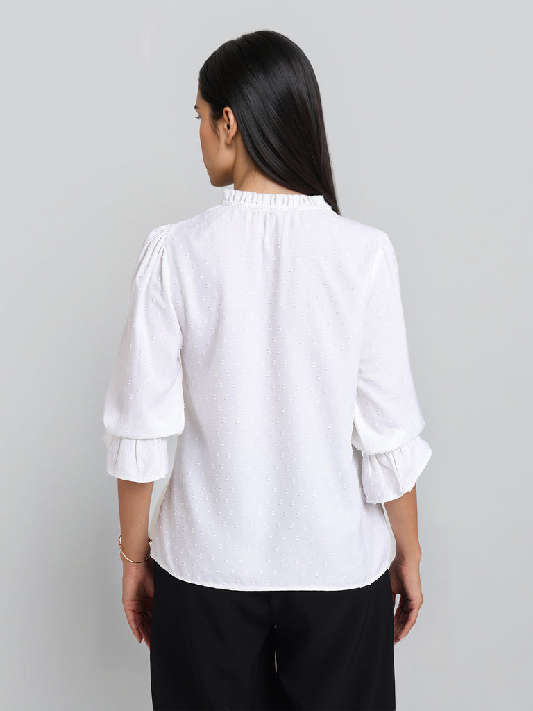 Style Quotient Women Self Design White Swiss Dot Regular Fit Smart Casual Top-Tops-StyleQuotient