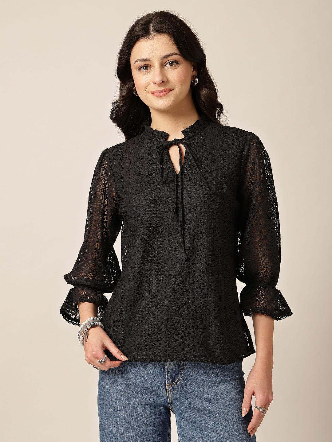 Style Quotient Women Black Lace Top-Tops-StyleQuotient