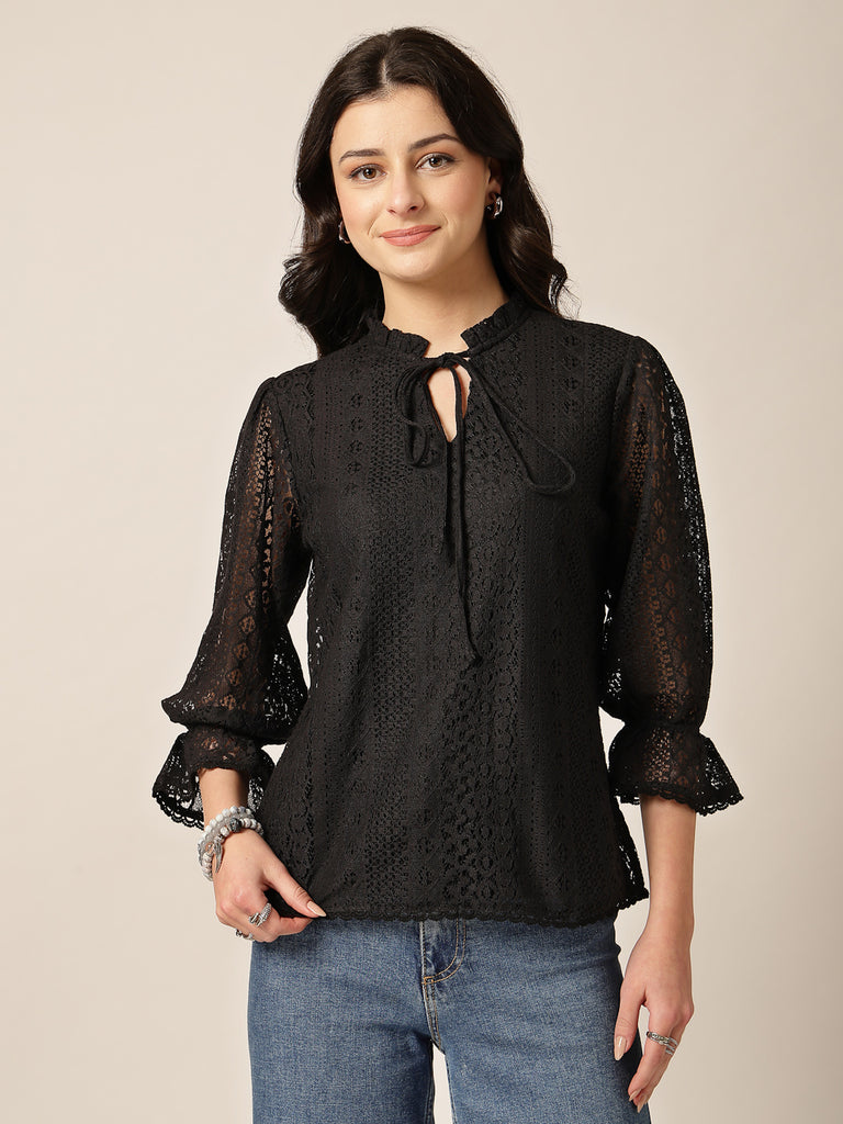Style Quotient Women Black Lace Top-Tops-StyleQuotient