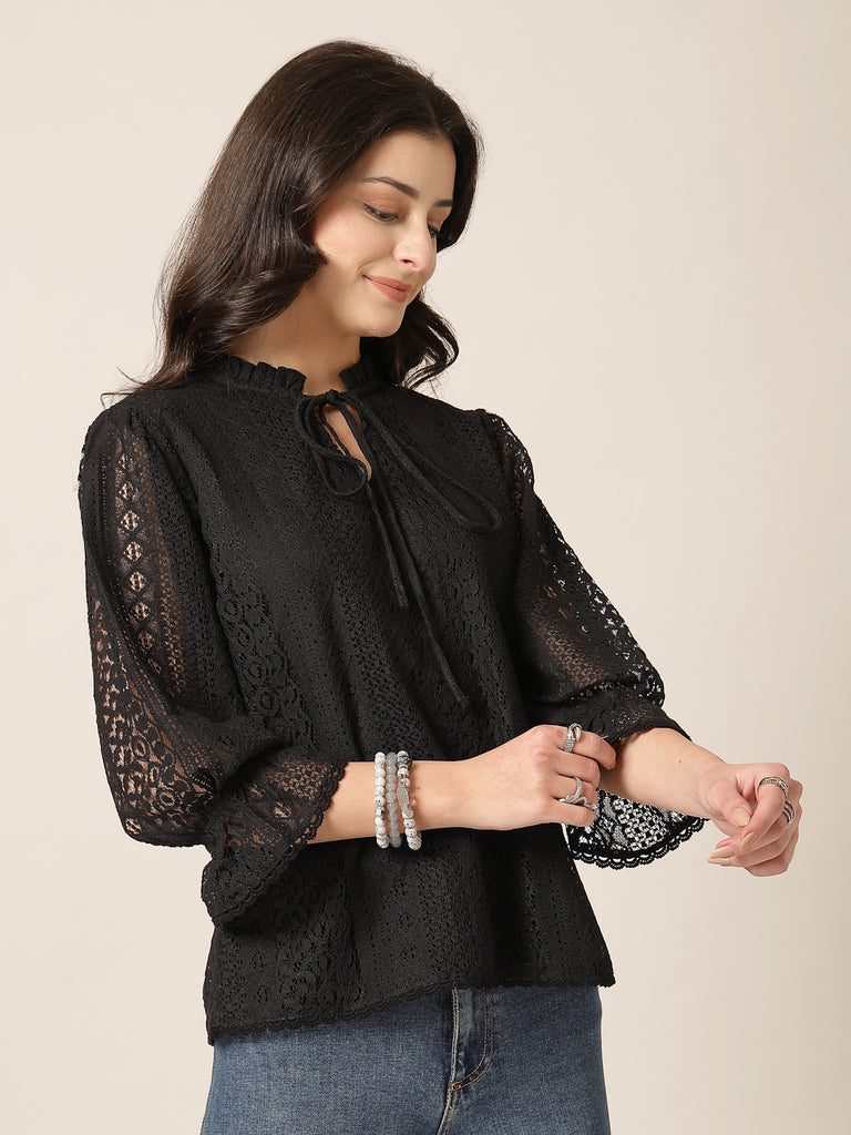 Style Quotient Women Black Lace Top-Tops-StyleQuotient