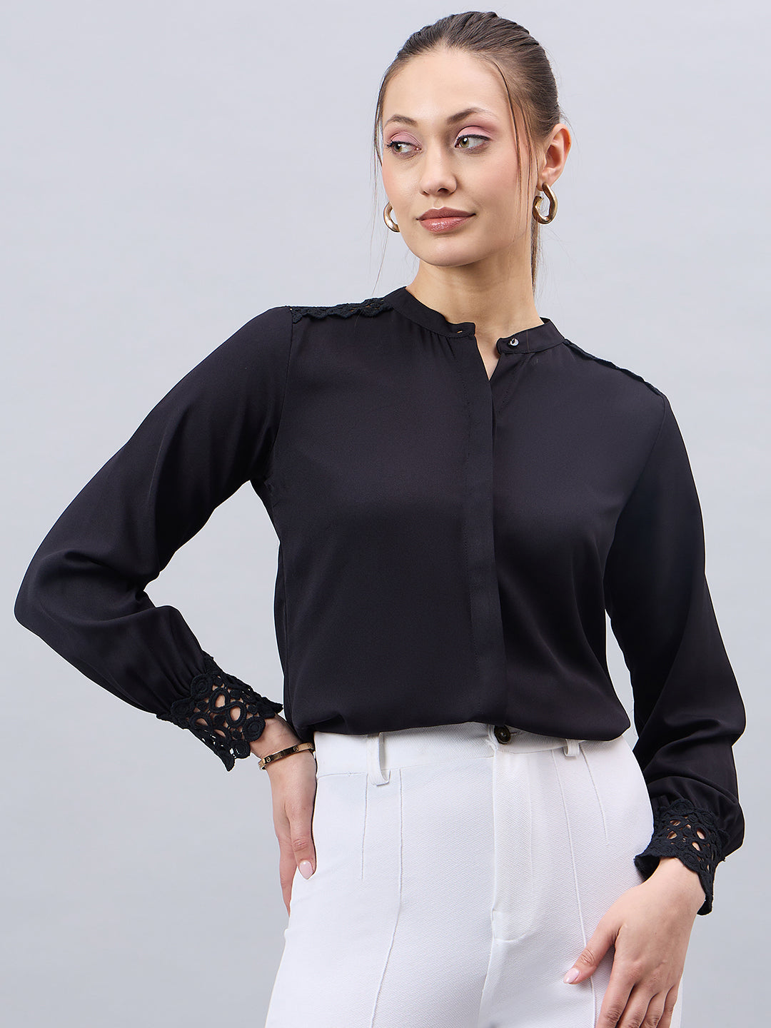 Style Quotient Women Black Solid Polymoss Regular Fit Formal Shirt-Shirts-StyleQuotient