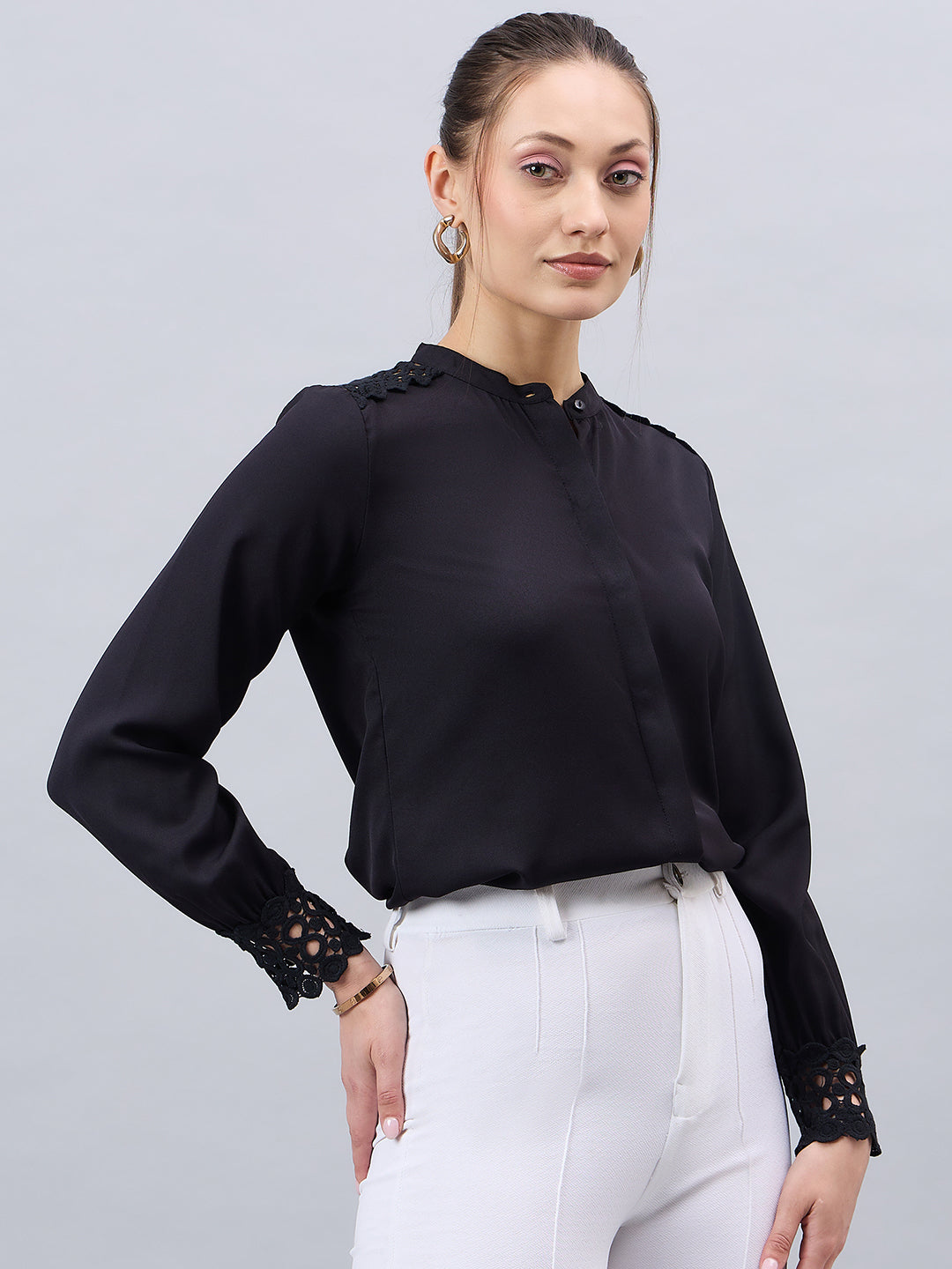 Style Quotient Women Black Solid Polymoss Regular Fit Formal Shirt-Shirts-StyleQuotient