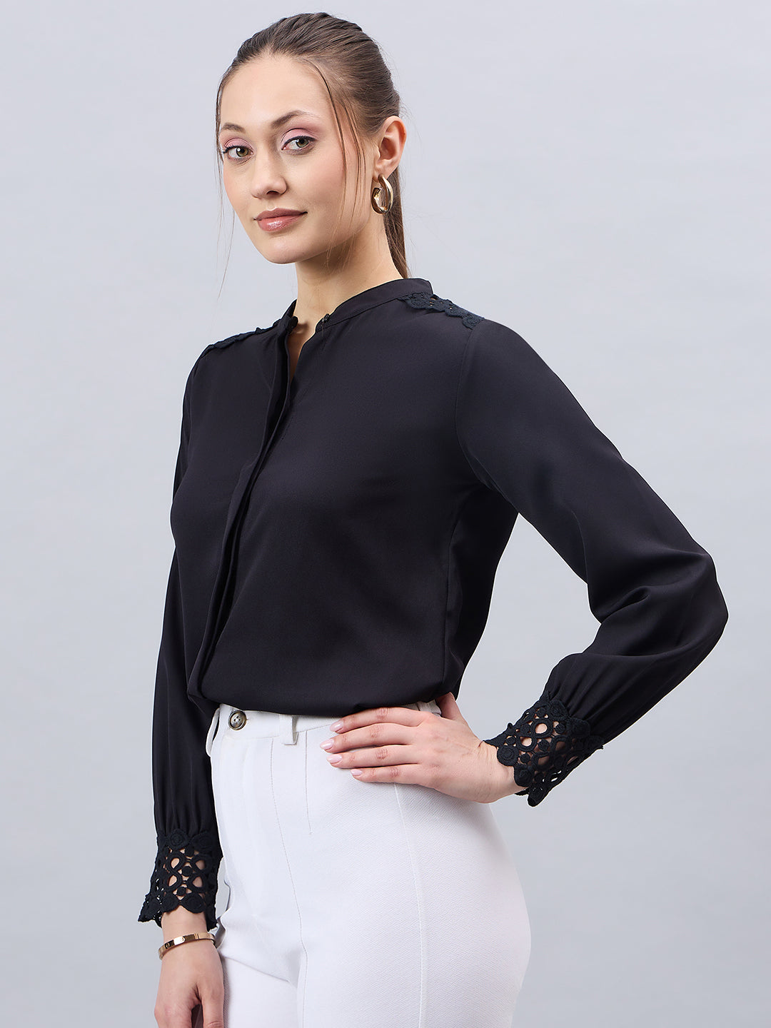 Style Quotient Women Black Solid Polymoss Regular Fit Formal Shirt-Shirts-StyleQuotient