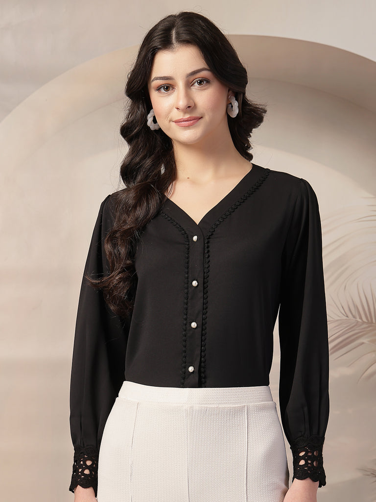 Style Quotient Women Solid Black Polymoss Regular Fit Formal Lace Insert Shirt-Shirts-StyleQuotient