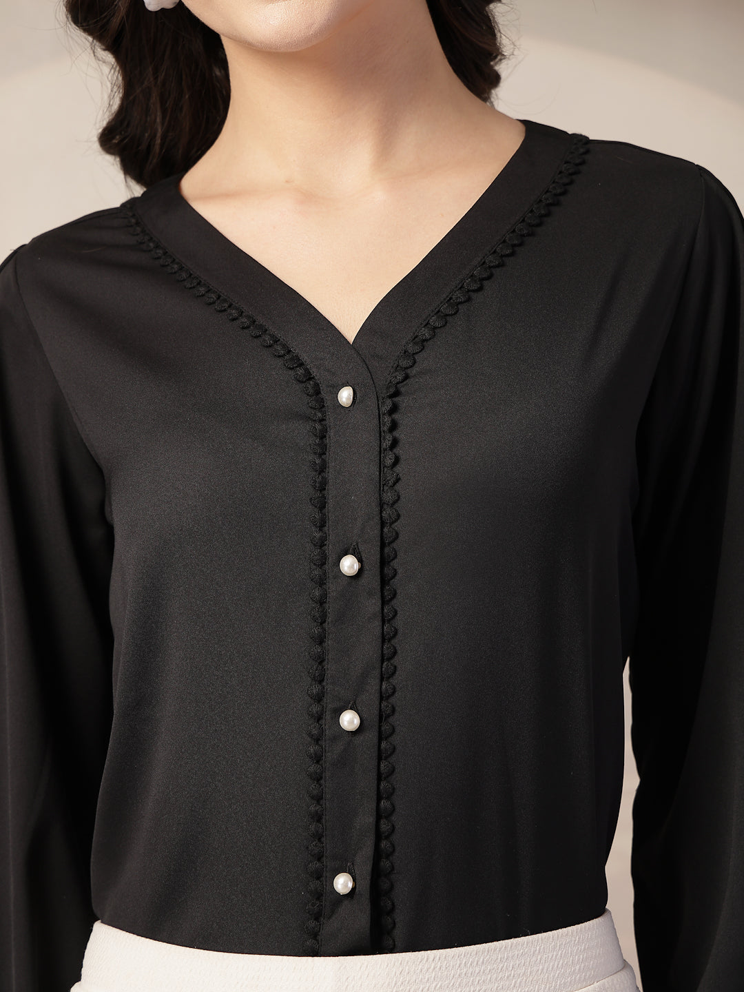 Style Quotient Women Solid Black Polymoss Regular Fit Formal Lace Insert Shirt-Shirts-StyleQuotient