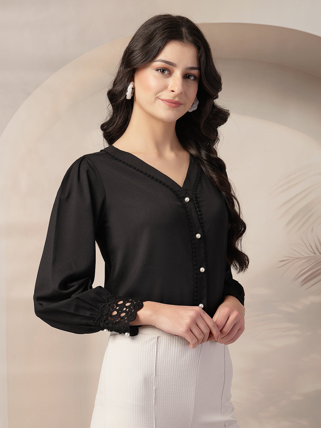 Style Quotient Women Solid Black Polymoss Regular Fit Formal Lace Insert Shirt-Shirts-StyleQuotient